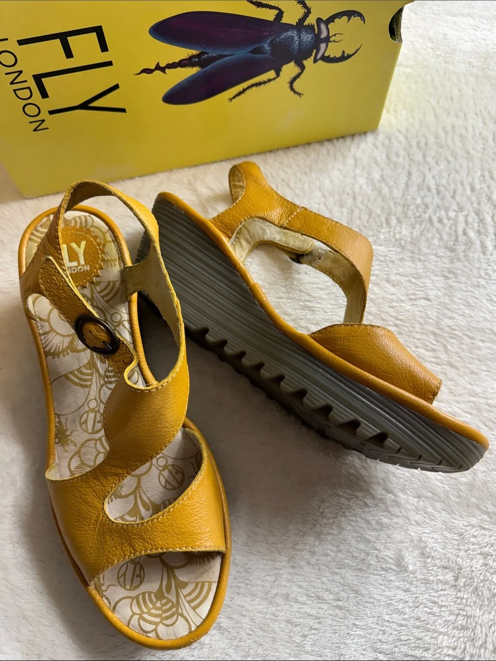 FLY London Yanca Mustard Yellow Leather Wedge Sandals Size US 8.5